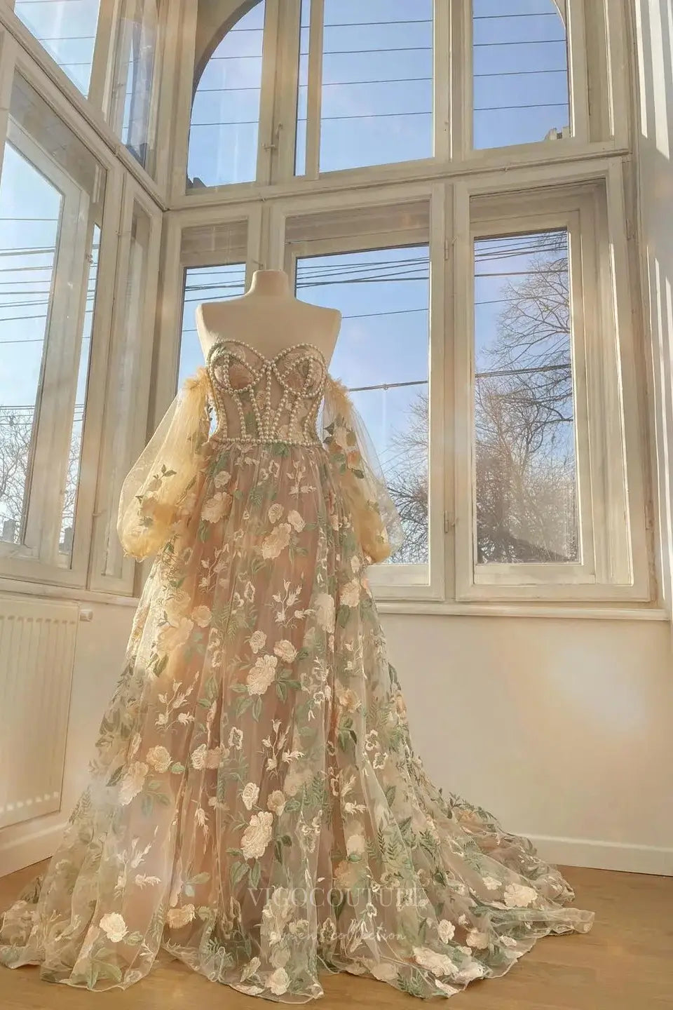 Floral Embroidered Wedding Dress with Pearl-Embellished Corset, Tulle Sleeves, and Chapel Train – W2232