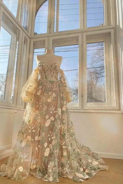 Floral Embroidered Wedding Dress with Pearl-Embellished Corset, Tulle Sleeves, and Chapel Train – W2232