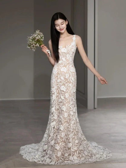 Wedding Dresses 2025 to impress Floral Lace Fit-and-Flare Wedding Dress with Scoop Back and Sheer Details – RD018-vigocouture-Nude-Custom Size-vigocouture
