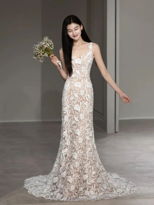 Wedding Dresses 2025 to impress Floral Lace Fit-and-Flare Wedding Dress with Scoop Back and Sheer Details – RD018-vigocouture-Nude-Custom Size-vigocouture