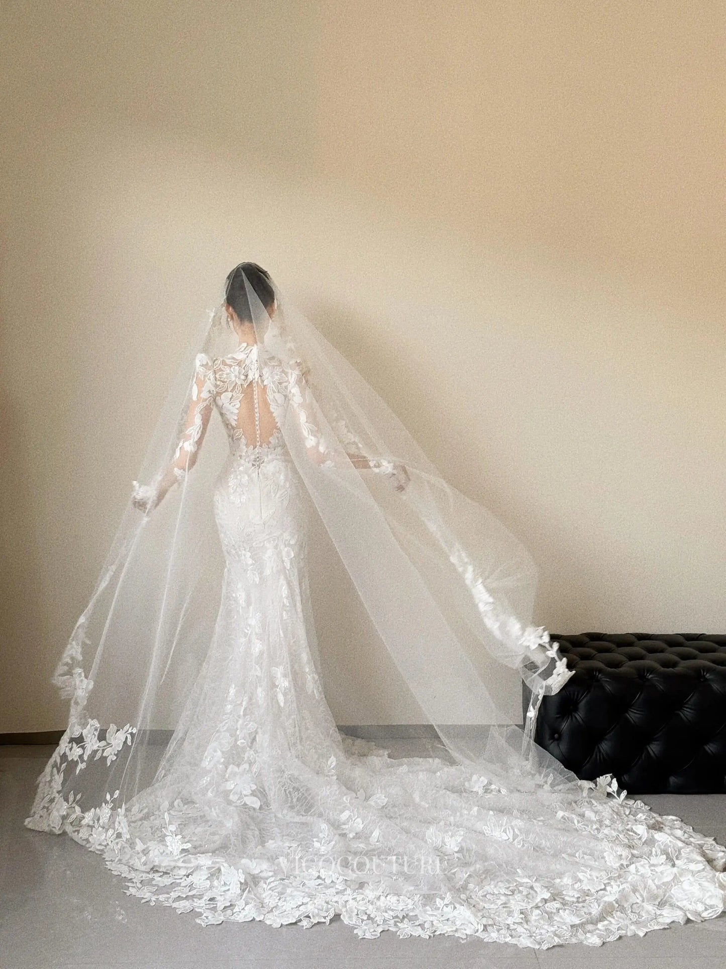 Wedding Dresses 2025 to impress Floral Lace Mermaid Wedding Dress with Illusion Bodice, Long Sleeves, and Cathedral Train – RD031-vigocouture-vigocouture