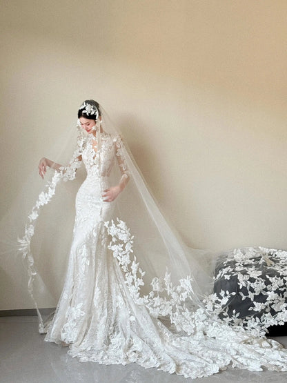 Wedding Dresses 2025 to impress Floral Lace Mermaid Wedding Dress with Illusion Bodice, Long Sleeves, and Cathedral Train – RD031-vigocouture-vigocouture