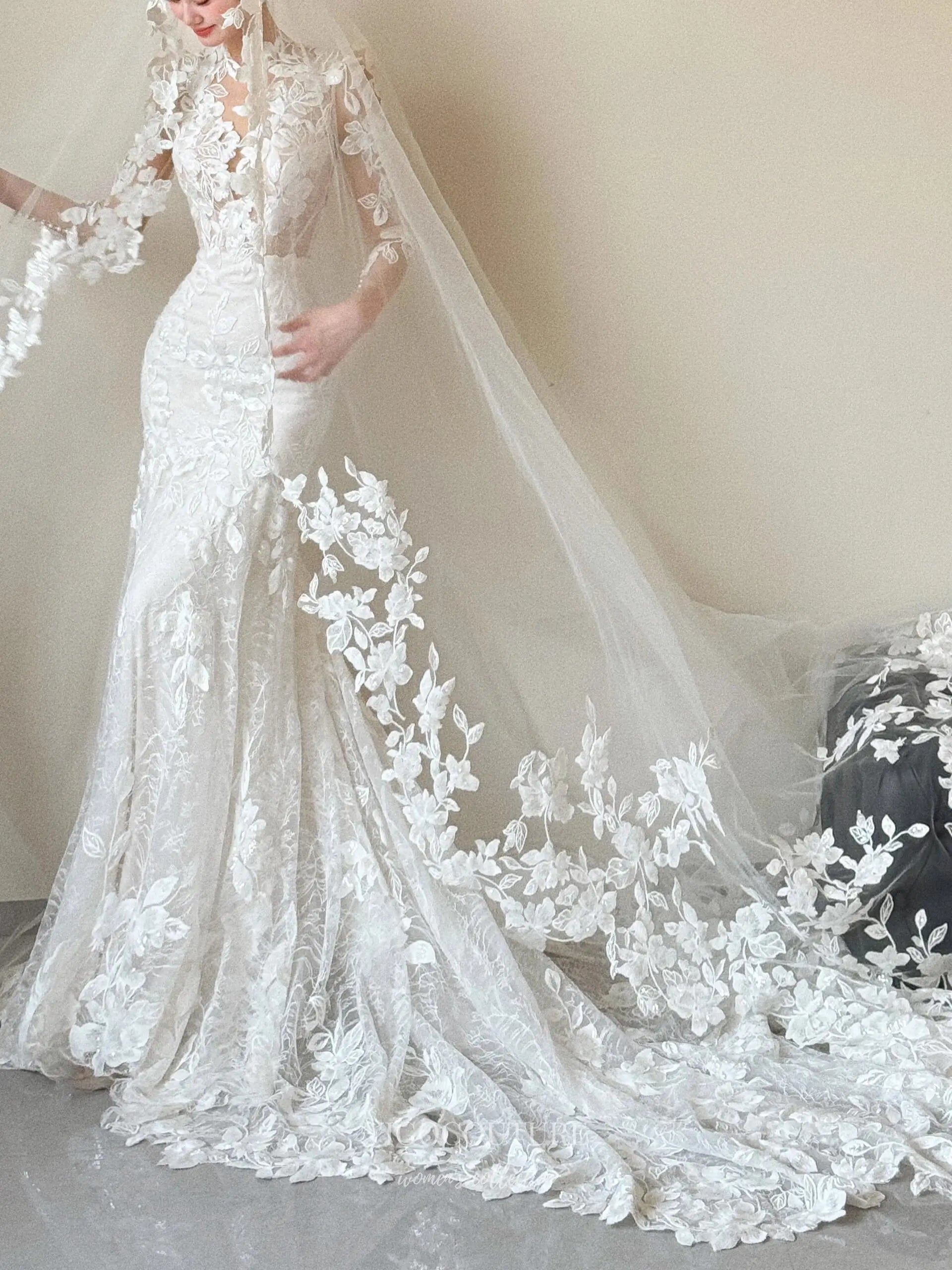 Wedding Dresses 2025 to impress Floral Lace Mermaid Wedding Dress with Illusion Bodice, Long Sleeves, and Cathedral Train – RD031-vigocouture-vigocouture
