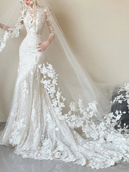 Wedding Dresses 2025 to impress Floral Lace Mermaid Wedding Dress with Illusion Bodice, Long Sleeves, and Cathedral Train – RD031-vigocouture-vigocouture