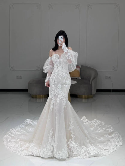 Wedding Dresses 2025 to impress Glitter Tulle Mermaid Wedding Dress with 3D Floral Lace & Corset Bodice – RD027-vigocouture-vigocouture