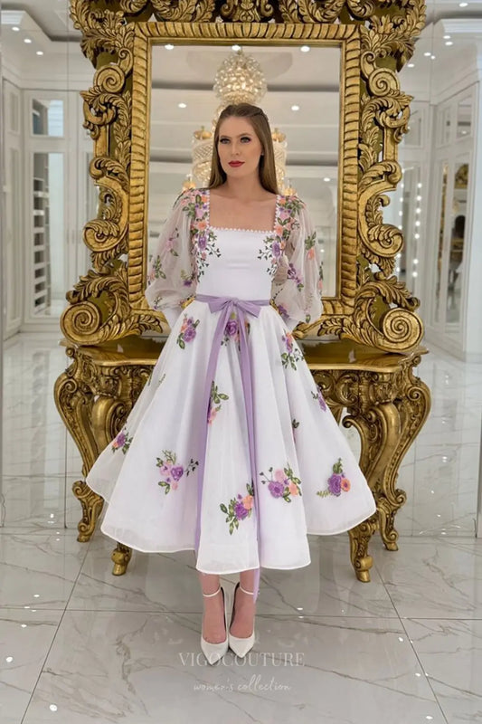 Graceful Floral Embroidered Midi Wedding Dress with Square Neckline, Sheer Long Sleeves & Lavender Sash – W2629