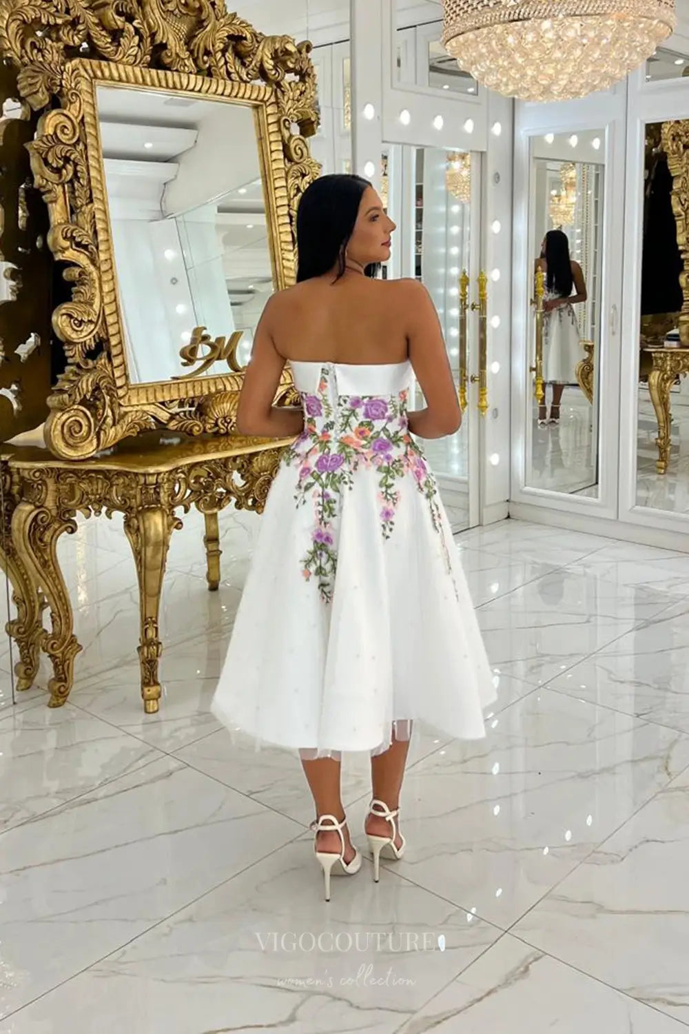 Wedding Dresses 2025 to impress Graceful Floral Embroidered Tea-Length Wedding Dress with Strapless Neckline & Pearled Tulle – W2633-vigocouture-vigocouture