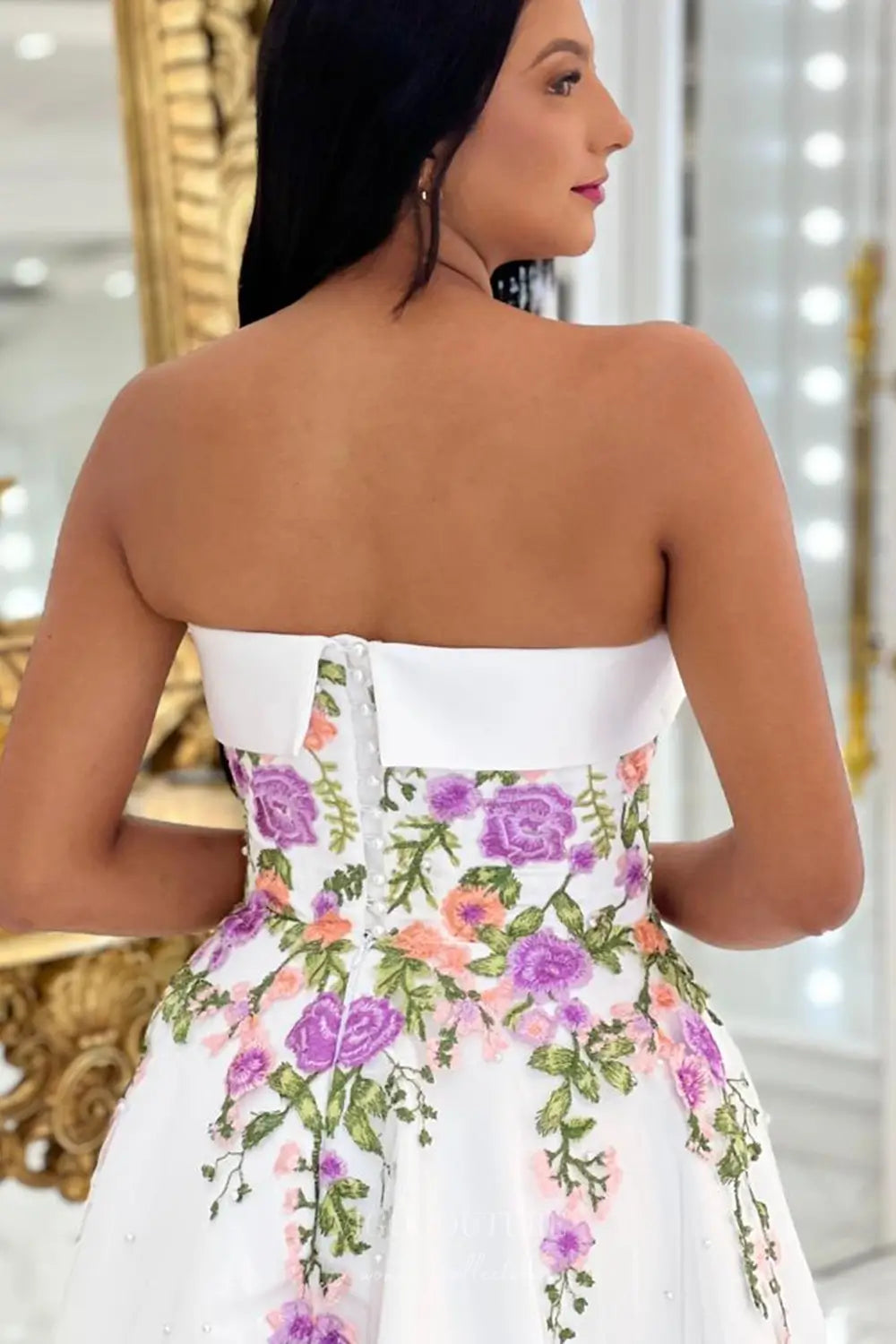 Wedding Dresses 2025 to impress Graceful Floral Embroidered Tea-Length Wedding Dress with Strapless Neckline & Pearled Tulle – W2633-vigocouture-vigocouture