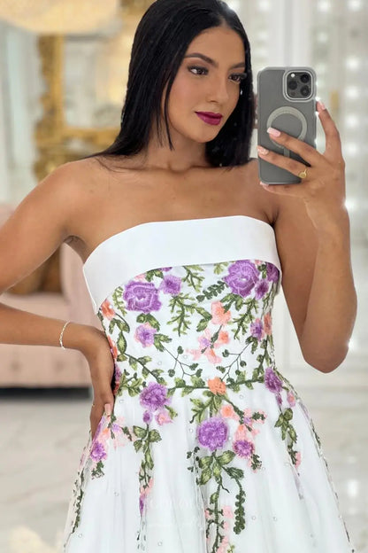 Wedding Dresses 2025 to impress Graceful Floral Embroidered Tea-Length Wedding Dress with Strapless Neckline & Pearled Tulle – W2633-vigocouture-vigocouture