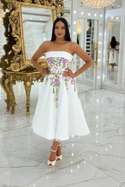 Graceful Floral Embroidered Tea-Length Wedding Dress with Strapless Neckline & Pearled Tulle – W2633