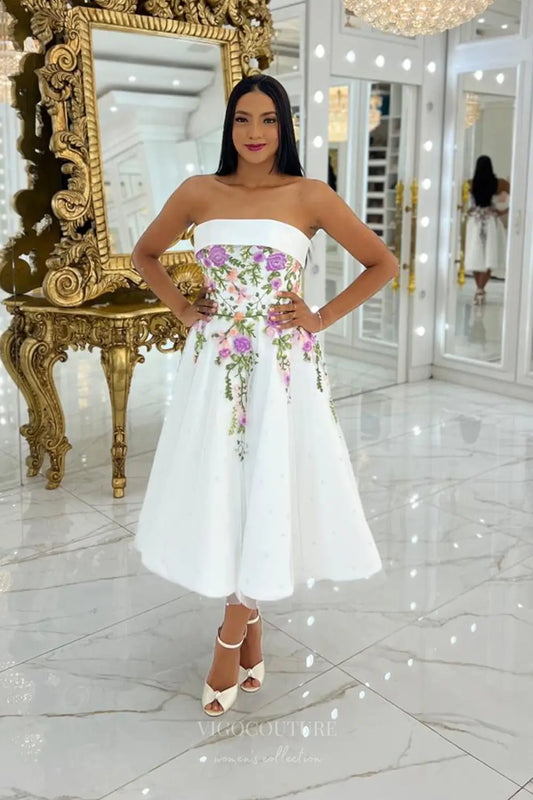 Graceful Floral Embroidered Tea-Length Wedding Dress with Strapless Neckline & Pearled Tulle – W2633