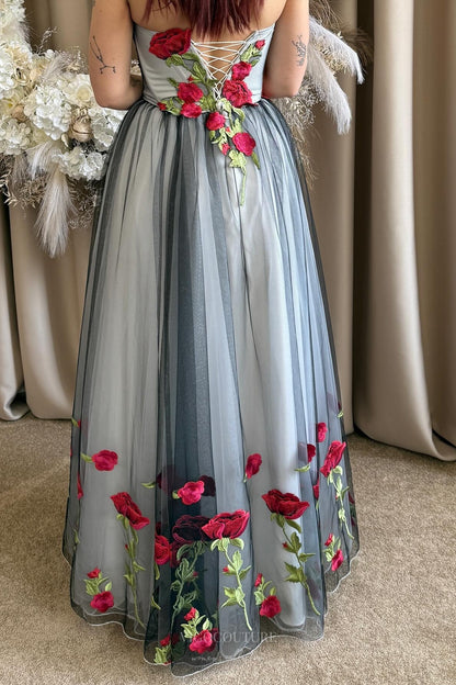 Wedding Dresses 2025 to impress Gray & Black Tulle Wedding Dress with Red Rose Embroidery, Strapless Corset Bodice & Slit – W2374-vigocouture-vigocouture