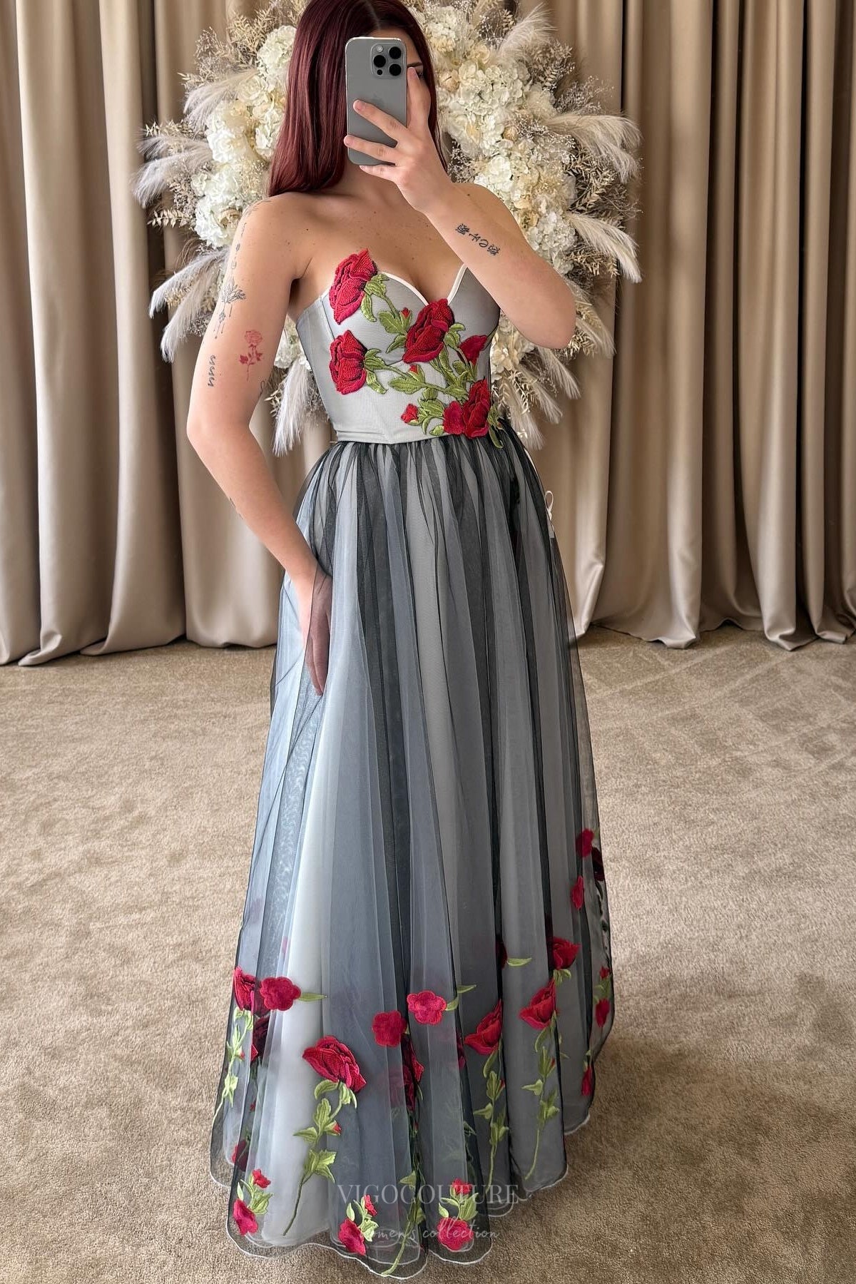 Wedding Dresses 2025 to impress Gray & Black Tulle Wedding Dress with Red Rose Embroidery, Strapless Corset Bodice & Slit – W2374-vigocouture-vigocouture