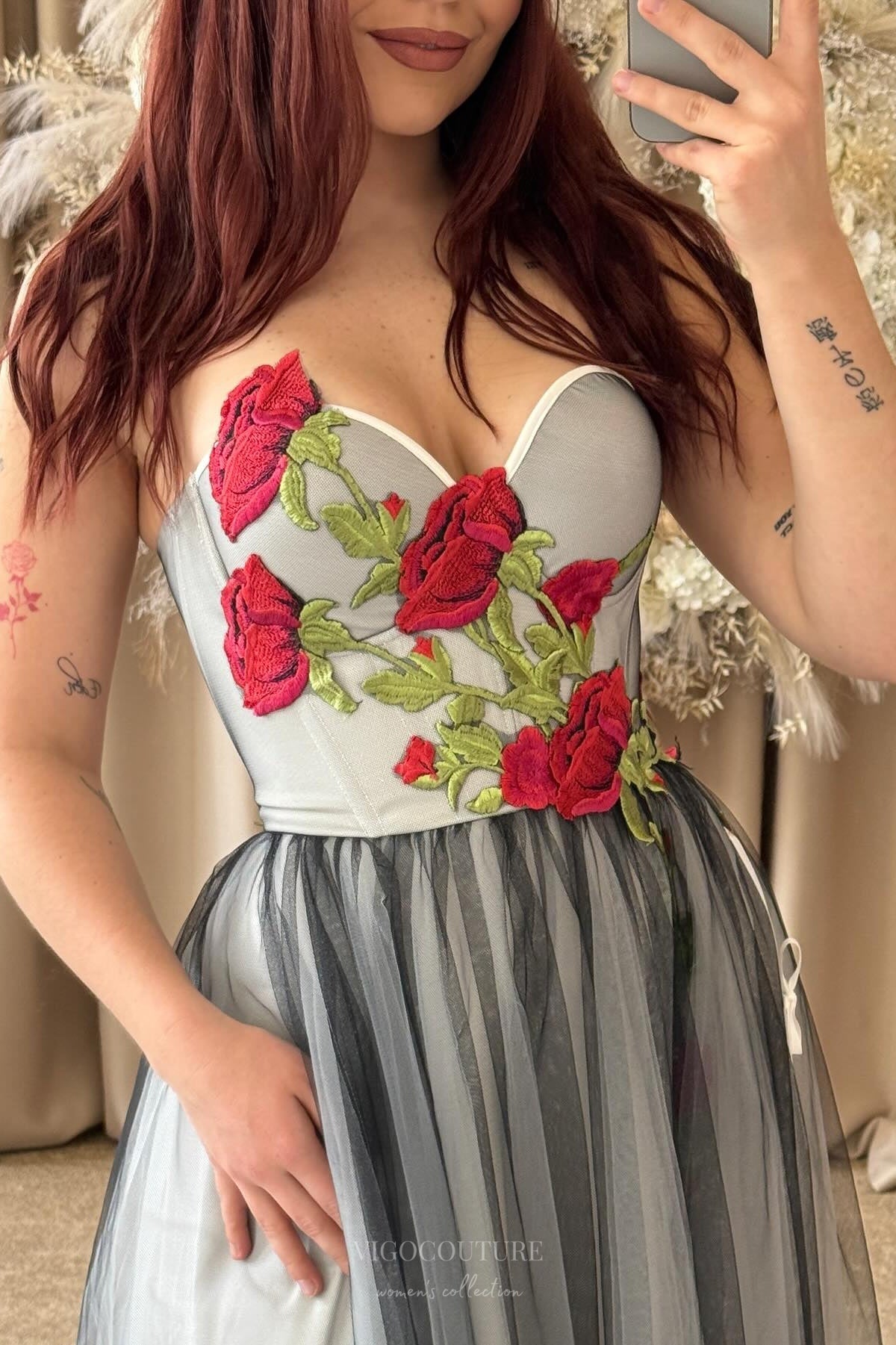 Wedding Dresses 2025 to impress Gray & Black Tulle Wedding Dress with Red Rose Embroidery, Strapless Corset Bodice & Slit – W2374-vigocouture-vigocouture