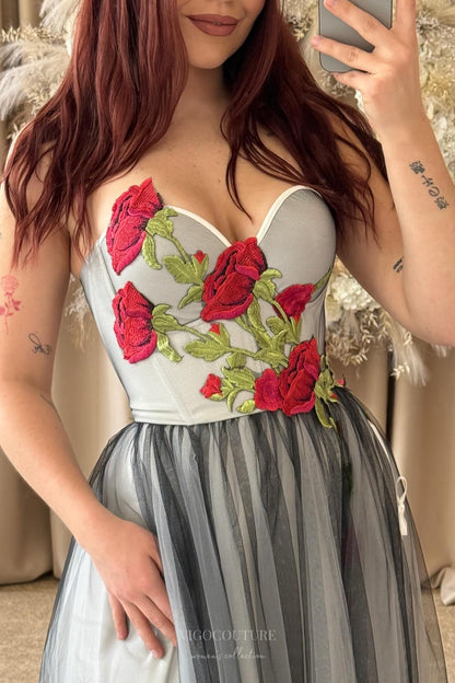 Wedding Dresses 2025 to impress Gray & Black Tulle Wedding Dress with Red Rose Embroidery, Strapless Corset Bodice & Slit – W2374-vigocouture-vigocouture