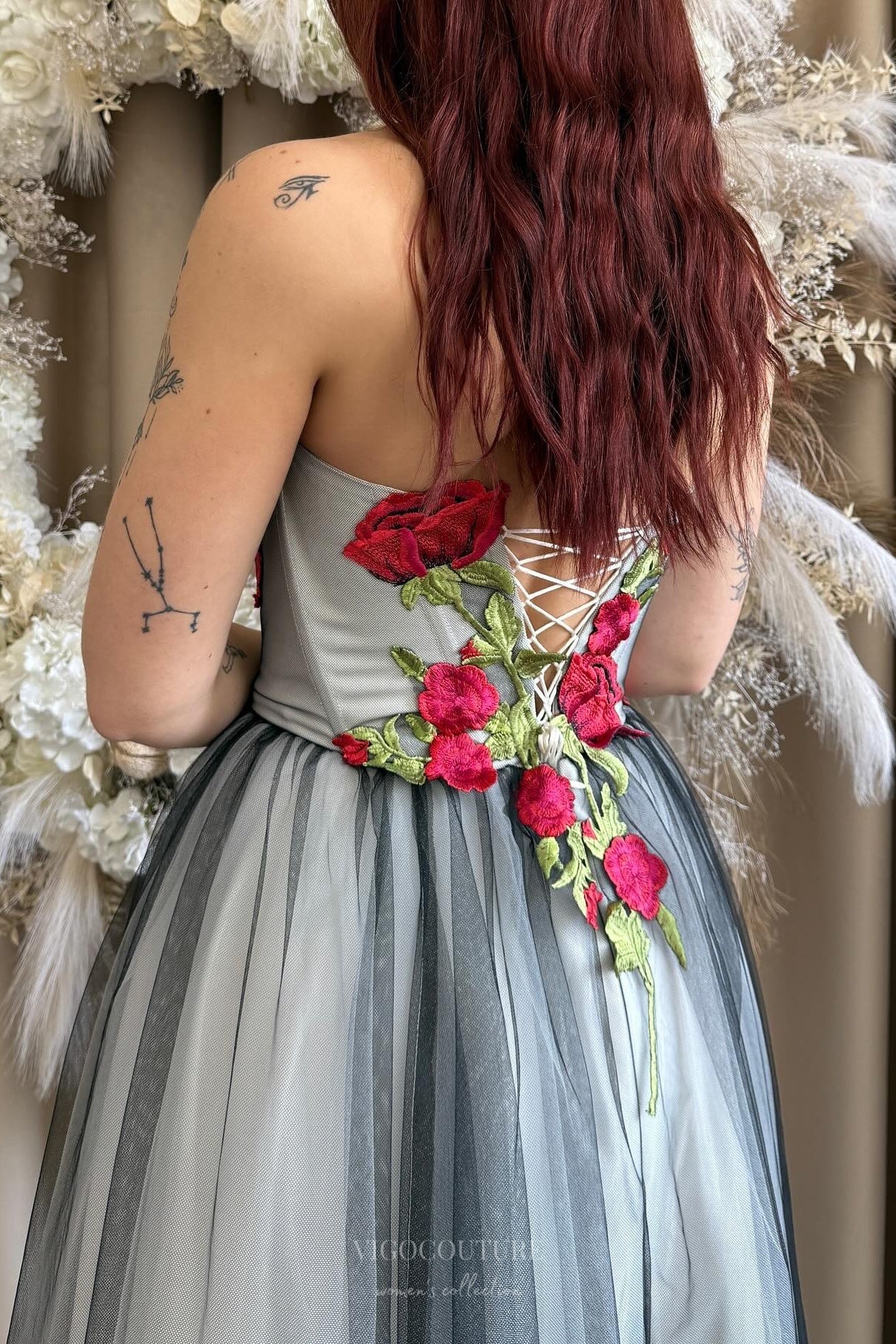 Wedding Dresses 2025 to impress Gray & Black Tulle Wedding Dress with Red Rose Embroidery, Strapless Corset Bodice & Slit – W2374-vigocouture-vigocouture