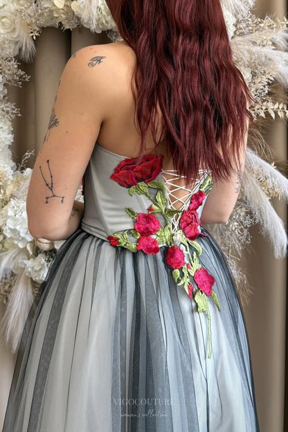Wedding Dresses 2025 to impress Gray & Black Tulle Wedding Dress with Red Rose Embroidery, Strapless Corset Bodice & Slit – W2374-vigocouture-vigocouture
