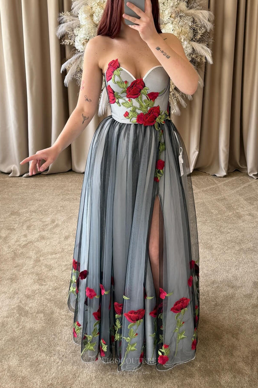 Gray & Black Tulle Wedding Dress with Red Rose Embroidery, Strapless Corset Bodice & Slit – W2374