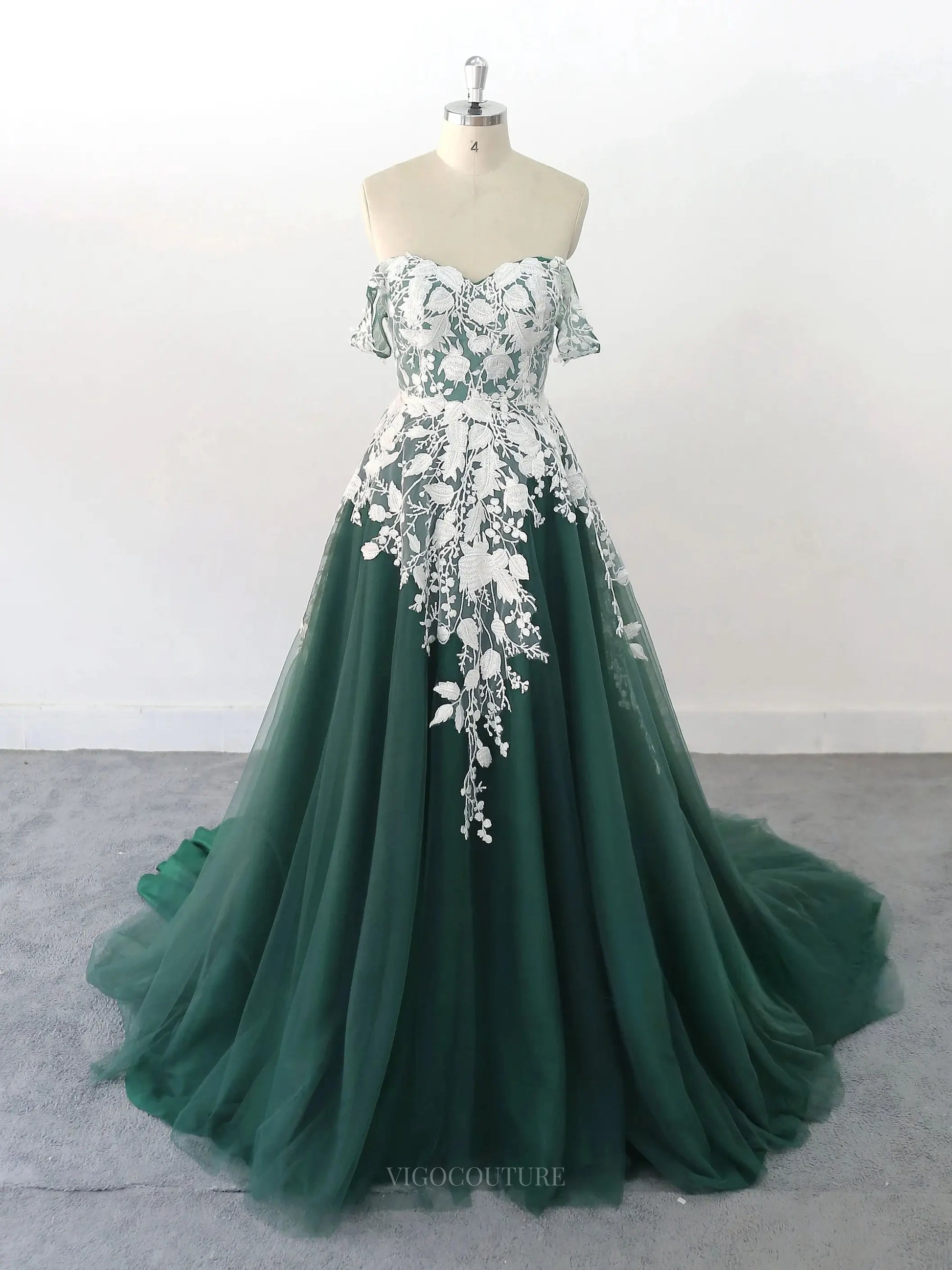 Green Floral Lace Tulle Wedding Dresses with Sweetheart Neckline & Sweep Train - MQ025 Custom Colors / US6 Green Floral Lace Tulle Wedding Dresses with Sweetheart Neckline & Sweep Train - MQ025 Custom Colors / US6