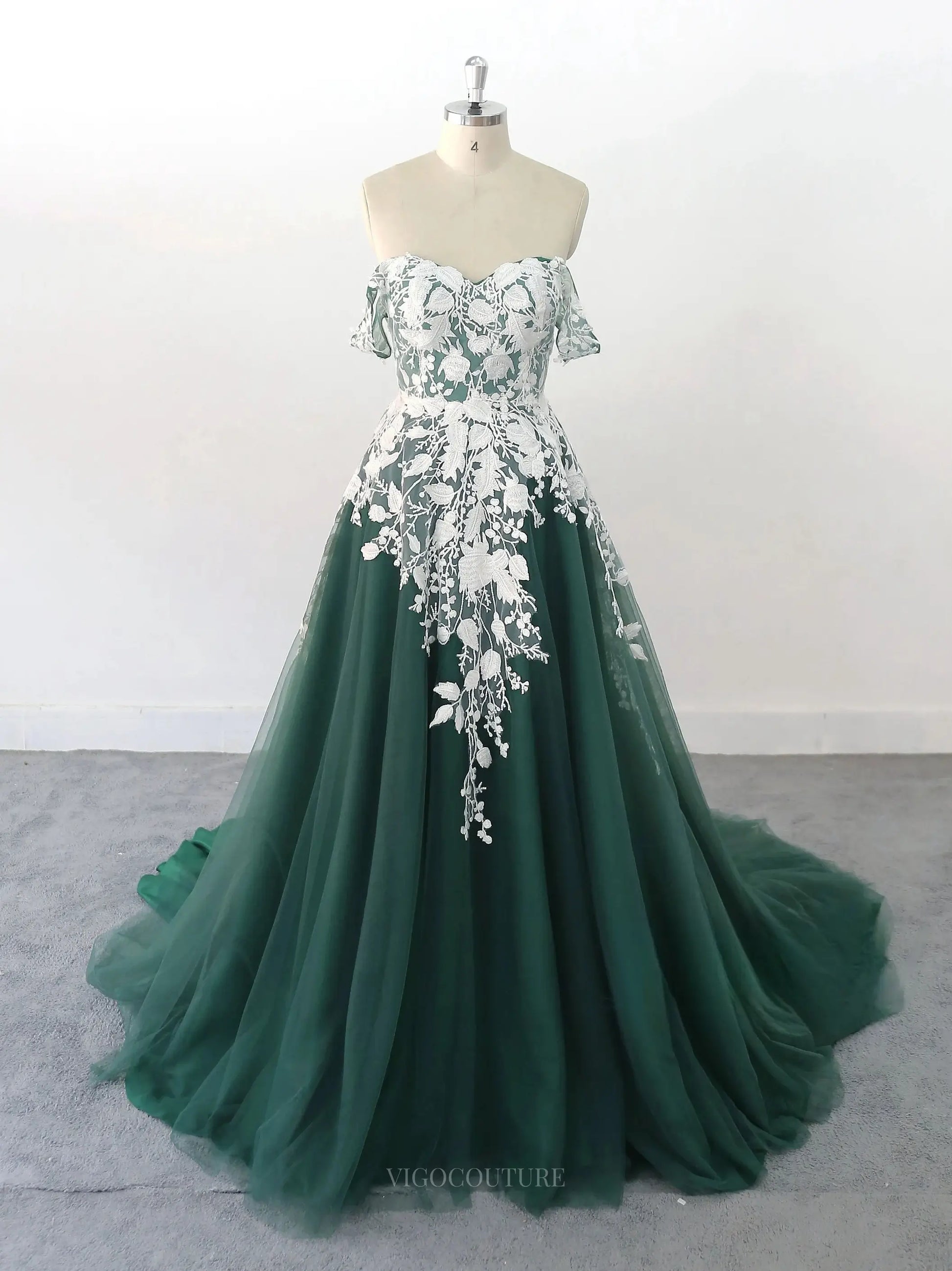 Wedding Dresses 2025 to impress Green Floral Lace Tulle Wedding Dresses with Sweetheart Neckline & Sweep Train - MQ025-vigocouture-Green-Custom Size-vigocouture