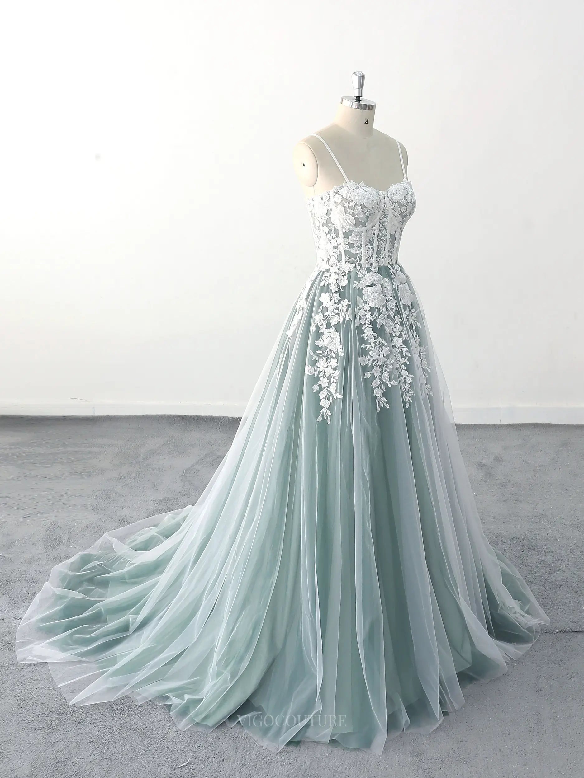 Green Lace Tulle Wedding Dresses with Spaghetti Straps & Sheer Boned Bodice - MQ005 Custom Colors / US16 Green Lace Tulle Wedding Dresses with Spaghetti Straps & Sheer Boned Bodice - MQ005 Custom Colors / US16