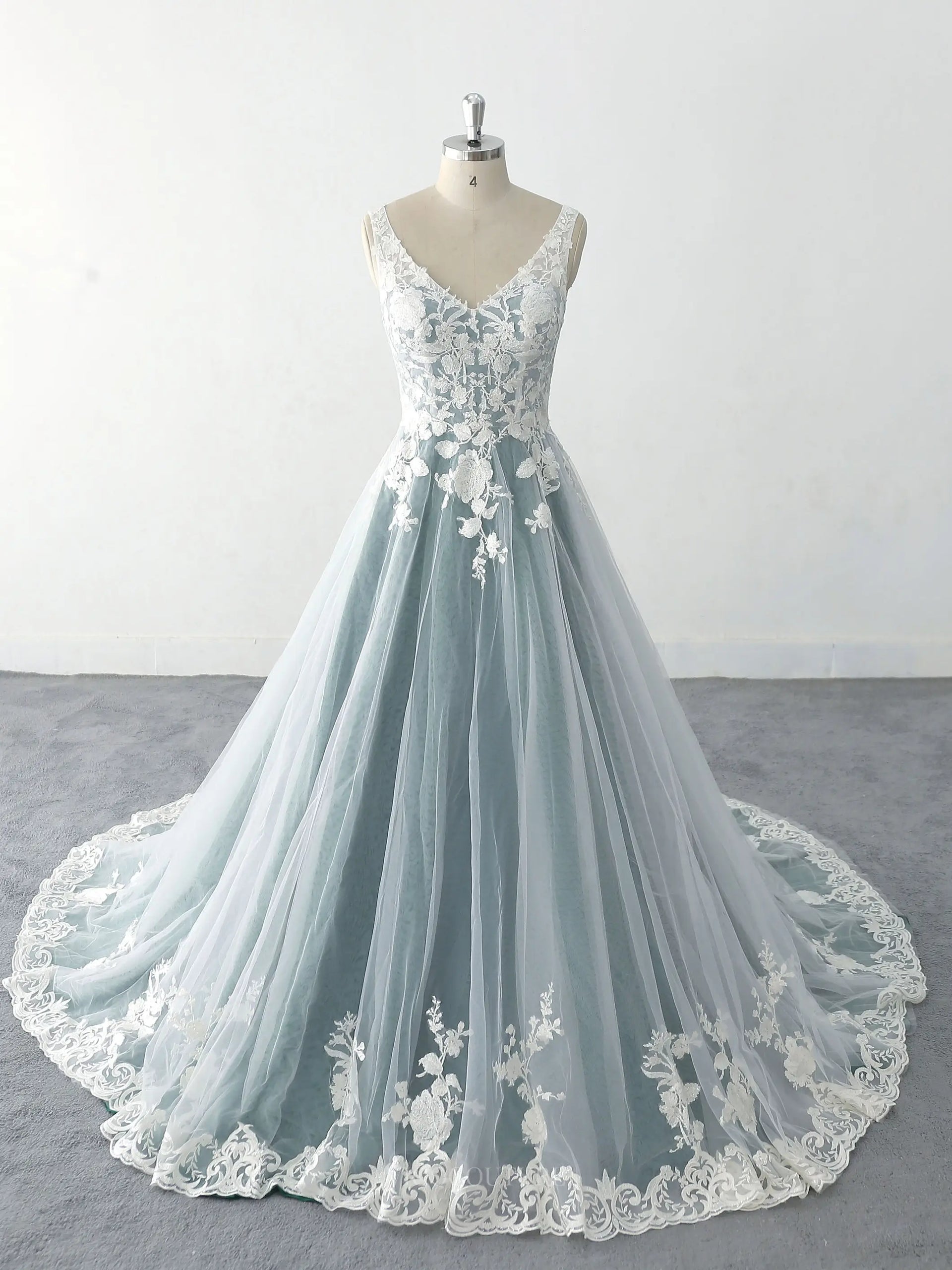 Green Lace Tulle Wedding Dresses with V-Neck, Chapel Train & Open Back - MQ007 Green / US8 Green Lace Tulle Wedding Dresses with V-Neck, Chapel Train & Open Back - MQ007 Green / US8