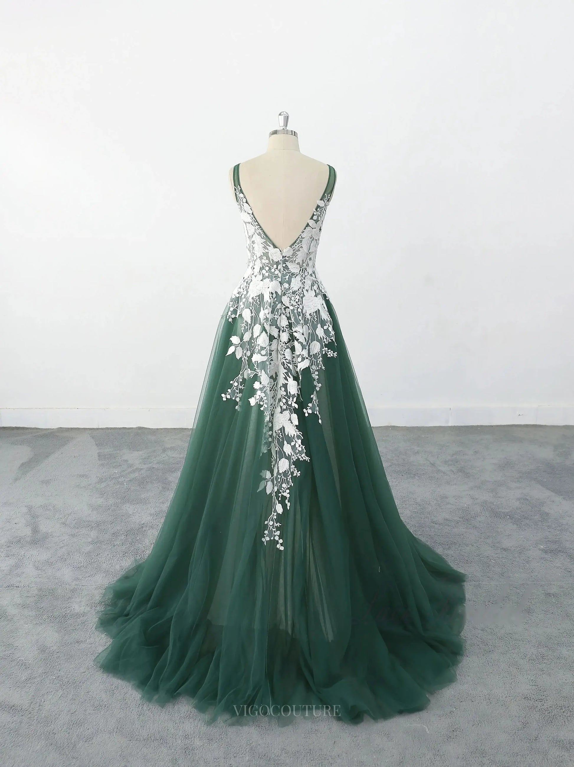 Green Lace Tulle Wedding Dresses with V-Neck & Open Back - MQ024 Custom Colors / US6 Green Lace Tulle Wedding Dresses with V-Neck & Open Back - MQ024 Custom Colors / US6