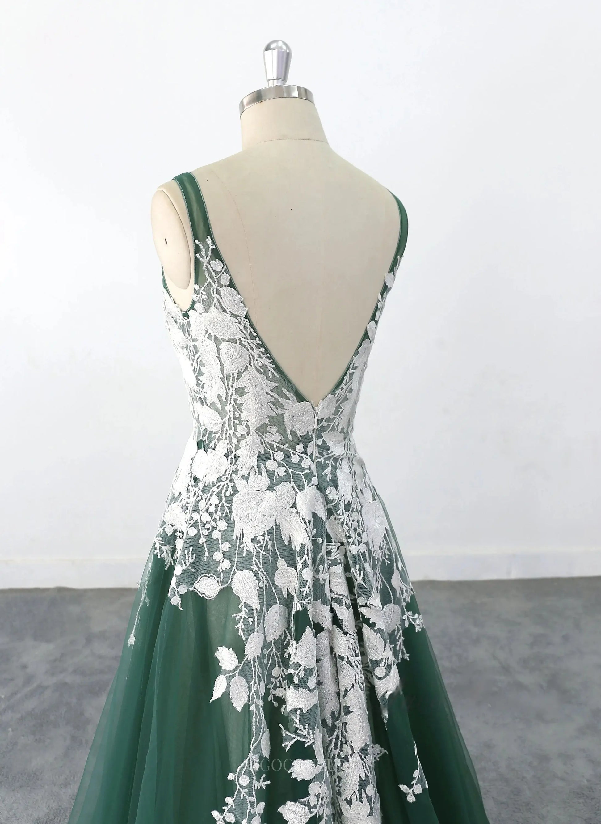 Green Lace Tulle Wedding Dresses with V-Neck & Open Back - MQ024 Custom Colors / US6 Green Lace Tulle Wedding Dresses with V-Neck & Open Back - MQ024 Custom Colors / US6