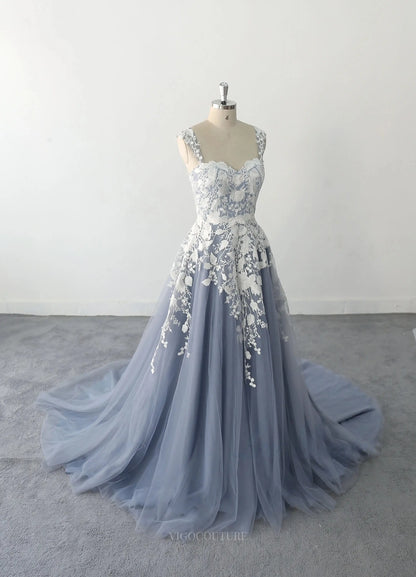 Grey Lace Tulle Wedding Dresses with Sweetheart Neckline, Spaghetti Straps & Chapel Train - MQ022 Custom Colors / 20W Grey Lace Tulle Wedding Dresses with Sweetheart Neckline, Spaghetti Straps & Chapel Train - MQ022 Custom Colors / 20W