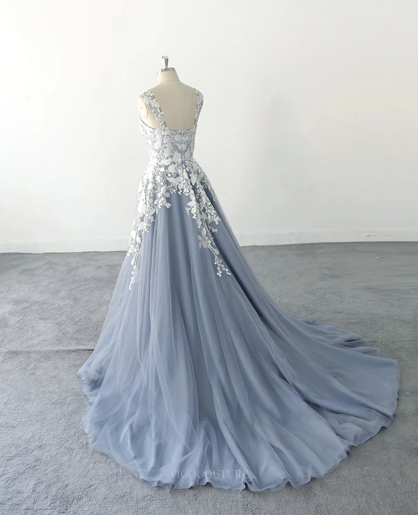 Wedding Dresses 2025 to impress Grey Lace Tulle Wedding Dresses with Sweetheart Neckline, Spaghetti Straps & Chapel Train - MQ022-vigocouture-vigocouture