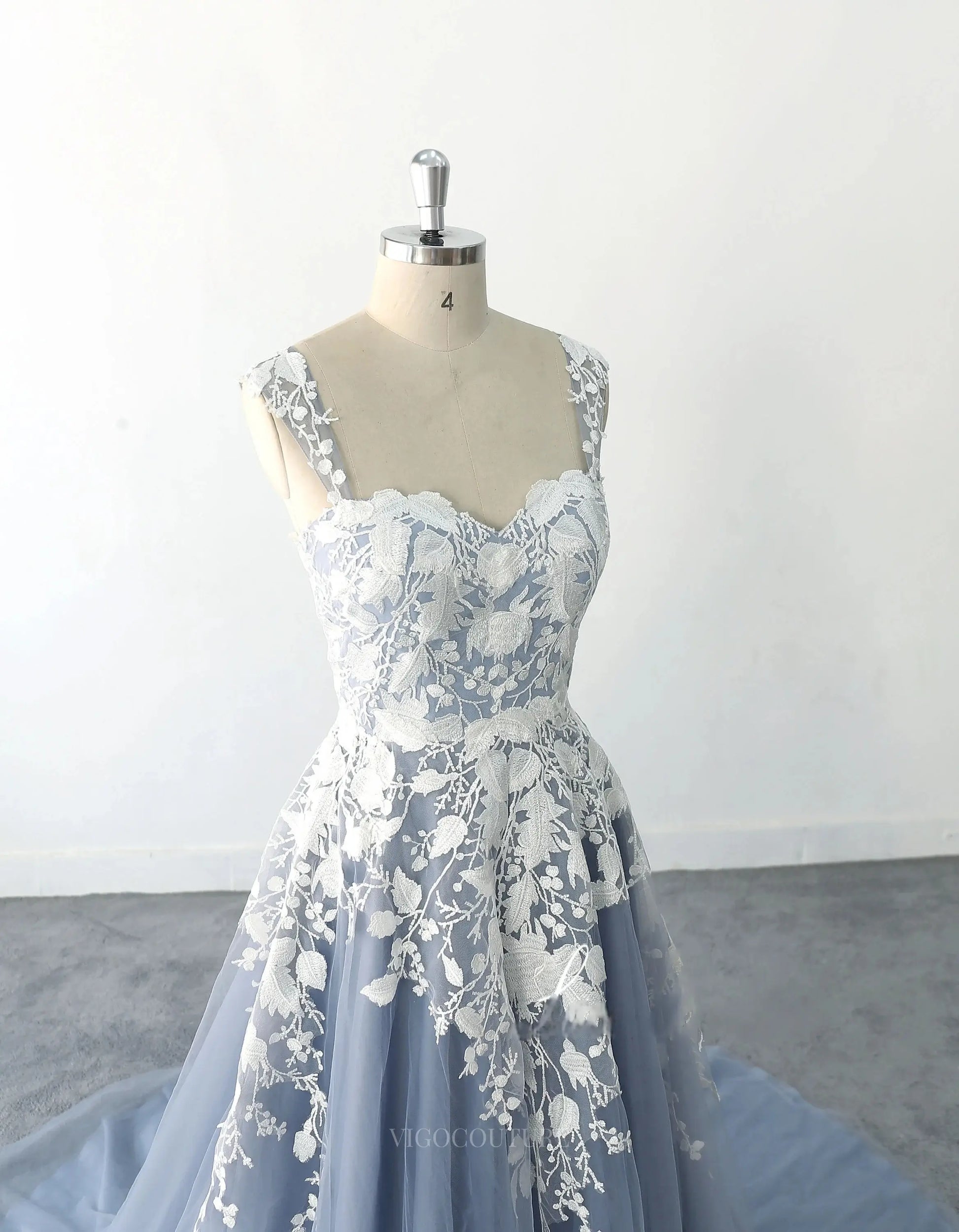 Grey Lace Tulle Wedding Dresses with Sweetheart Neckline, Spaghetti Straps & Chapel Train - MQ022 Custom Colors / 20W Grey Lace Tulle Wedding Dresses with Sweetheart Neckline, Spaghetti Straps & Chapel Train - MQ022 Custom Colors / 20W