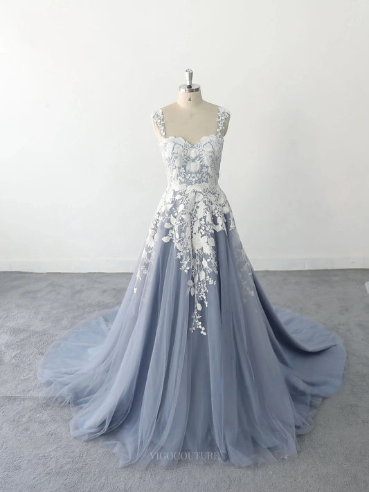 Wedding Dresses 2025 to impress Grey Lace Tulle Wedding Dresses with Sweetheart Neckline, Spaghetti Straps & Chapel Train - MQ022-vigocouture-Grey-Custom Size-vigocouture