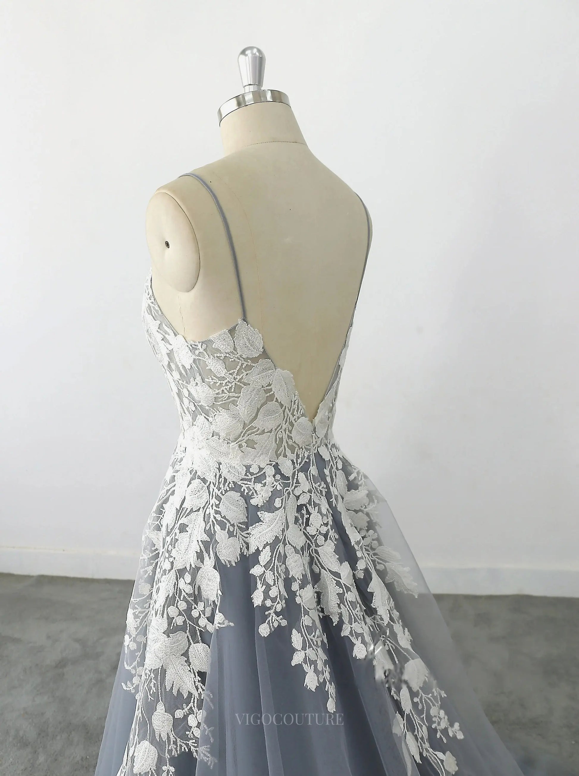 Grey Lace Tulle Wedding Dresses with V-Neck, Spaghetti Straps & Open Back - MQ021 Grey / US10 Grey Lace Tulle Wedding Dresses with V-Neck, Spaghetti Straps & Open Back - MQ021 Grey / US10