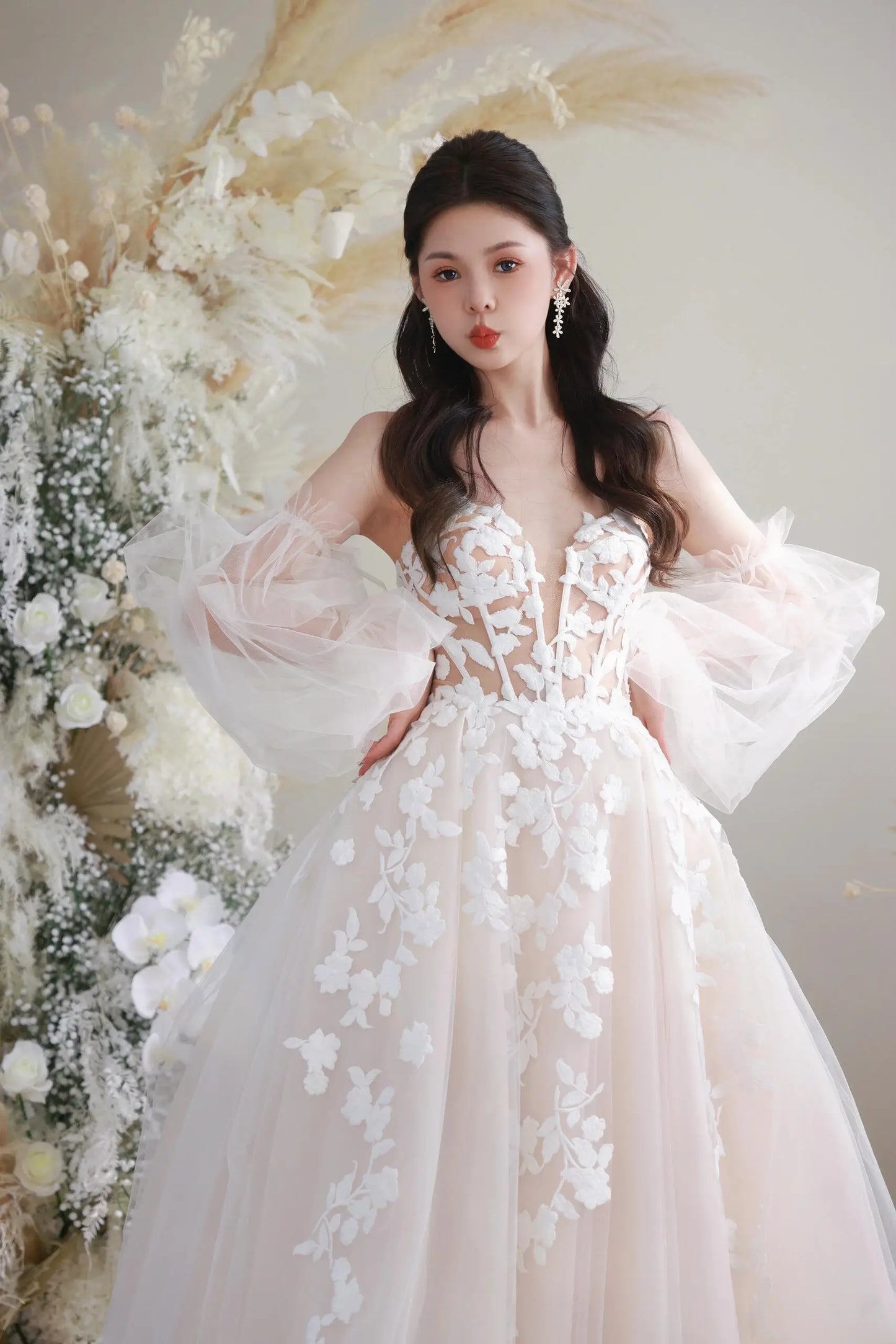 Wedding Dresses 2025 to impress Illusion Floral Lace Tulle Wedding Dress with Puff Sleeves and Slit Skirt – Style RD007-vigocouture-vigocouture