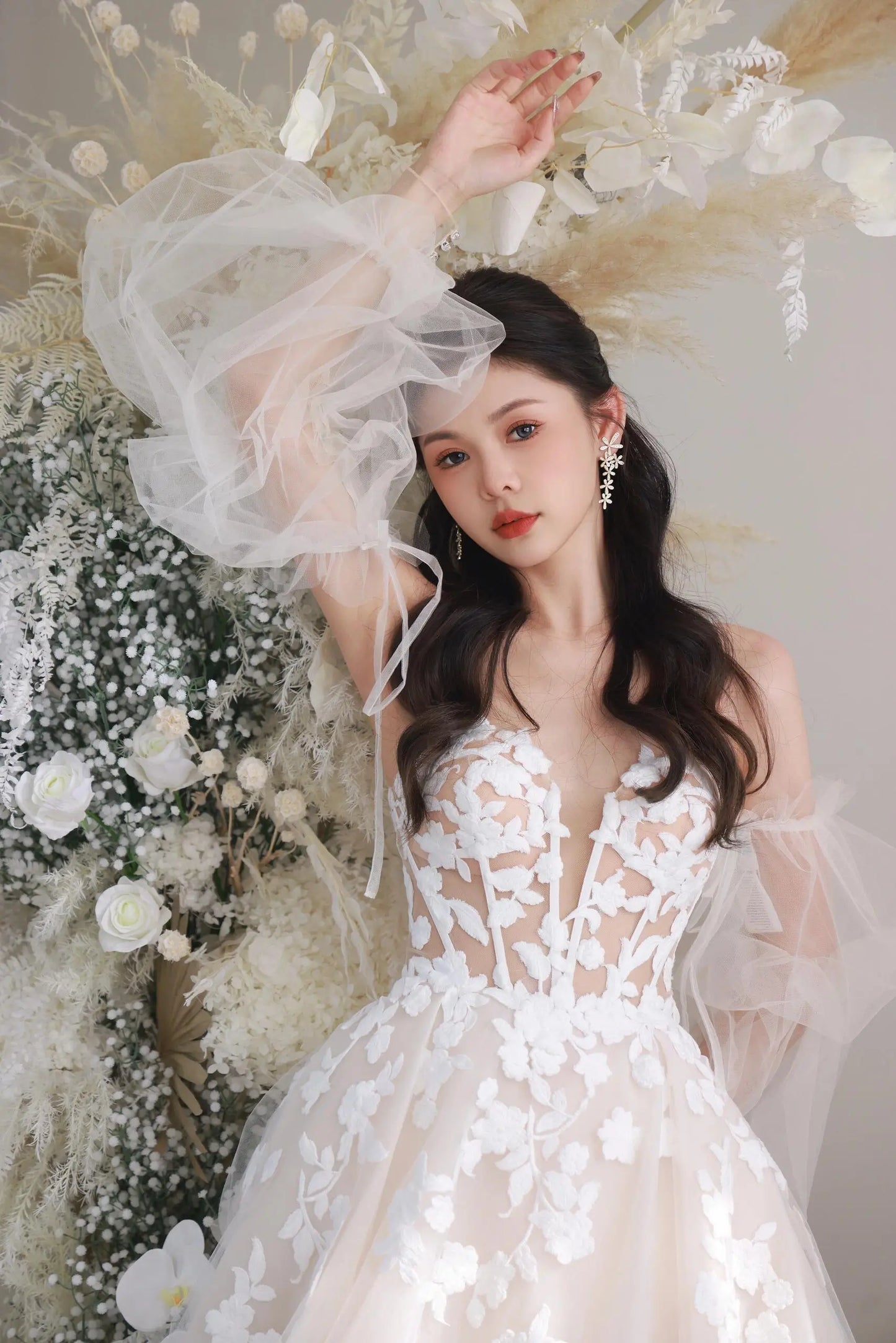 Wedding Dresses 2025 to impress Illusion Floral Lace Tulle Wedding Dress with Puff Sleeves and Slit Skirt – Style RD007-vigocouture-vigocouture