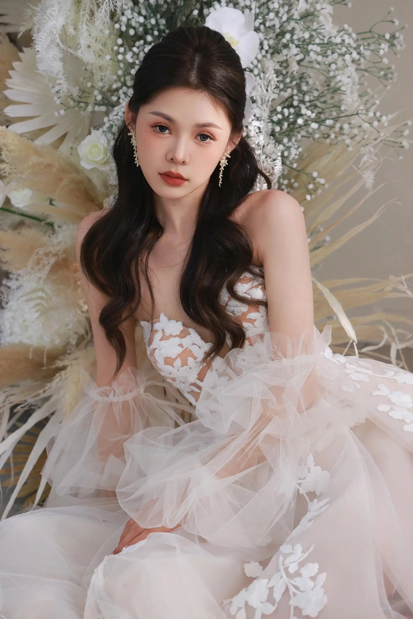 Wedding Dresses 2025 to impress Illusion Floral Lace Tulle Wedding Dress with Puff Sleeves and Slit Skirt – Style RD007-vigocouture-vigocouture