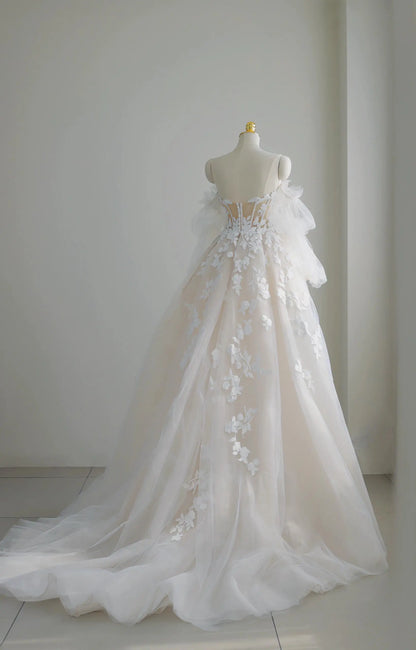 Wedding Dresses 2025 to impress Illusion Floral Lace Tulle Wedding Dress with Puff Sleeves and Slit Skirt – Style RD007-vigocouture-vigocouture