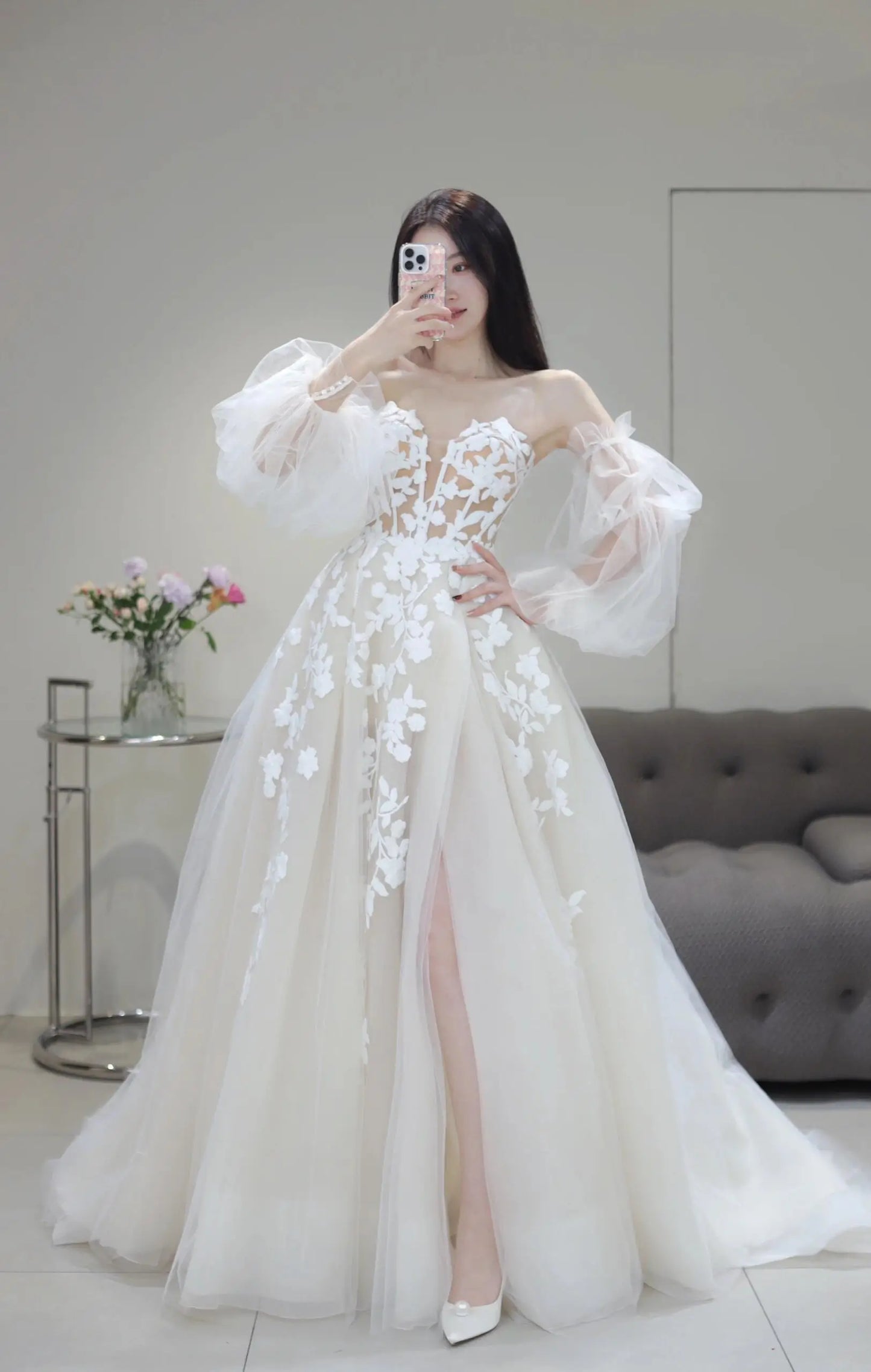 Wedding Dresses 2025 to impress Illusion Floral Lace Tulle Wedding Dress with Puff Sleeves and Slit Skirt – Style RD007-vigocouture-Ivory-Custom Size-vigocouture
