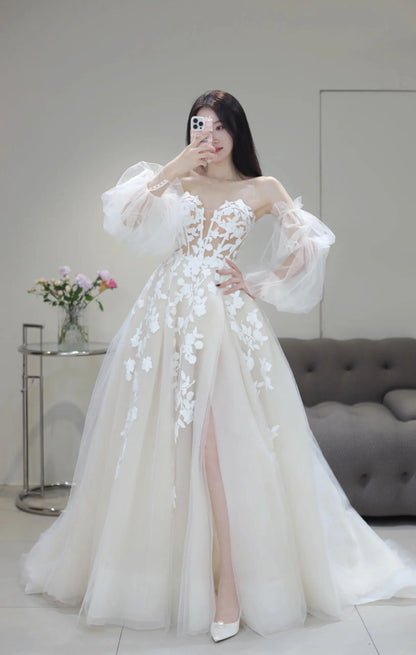 Wedding Dresses 2025 to impress Illusion Floral Lace Tulle Wedding Dress with Puff Sleeves and Slit Skirt – Style RD007-vigocouture-Ivory-Custom Size-vigocouture