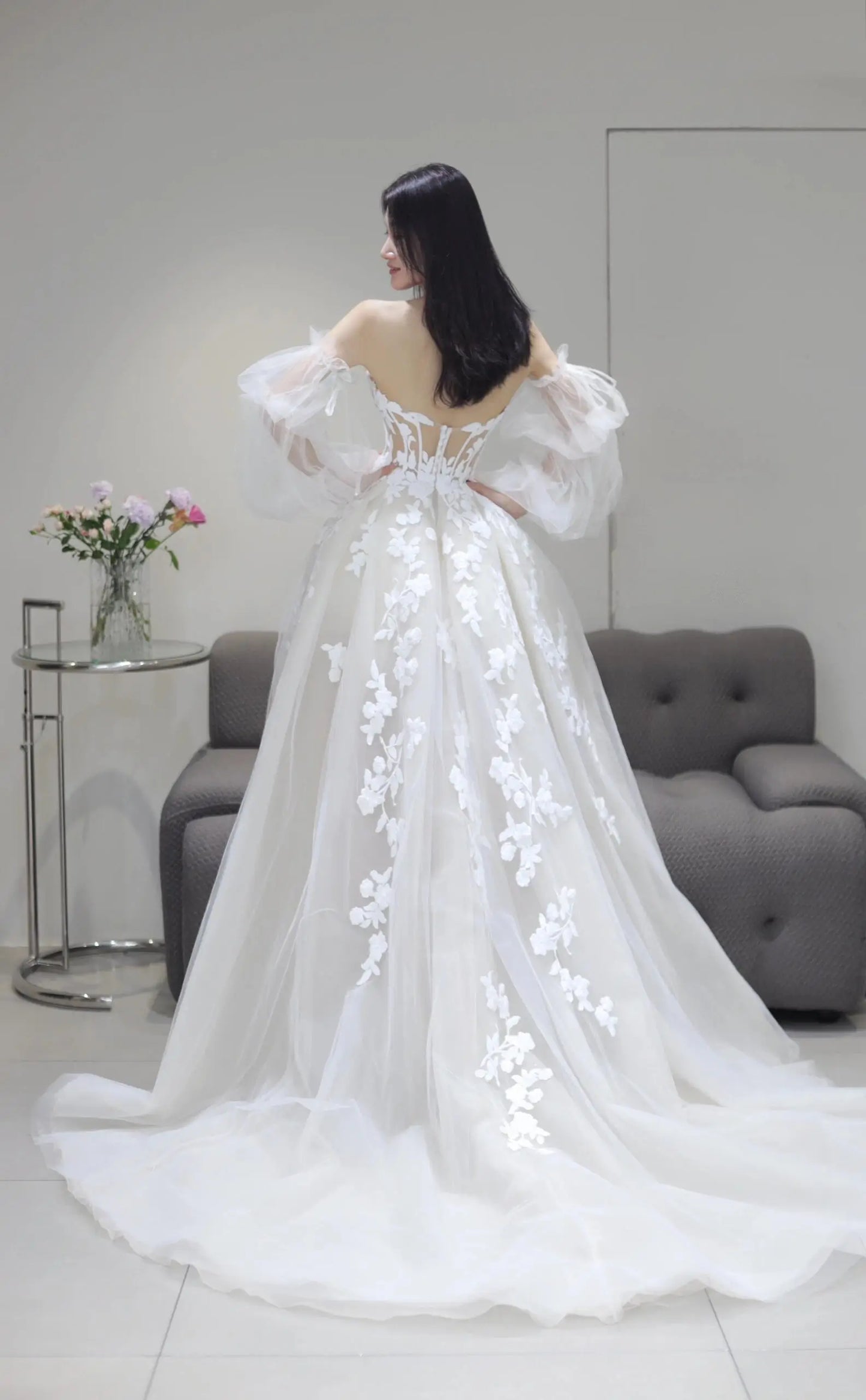 Wedding Dresses 2025 to impress Illusion Floral Lace Tulle Wedding Dress with Puff Sleeves and Slit Skirt – Style RD007-vigocouture-vigocouture