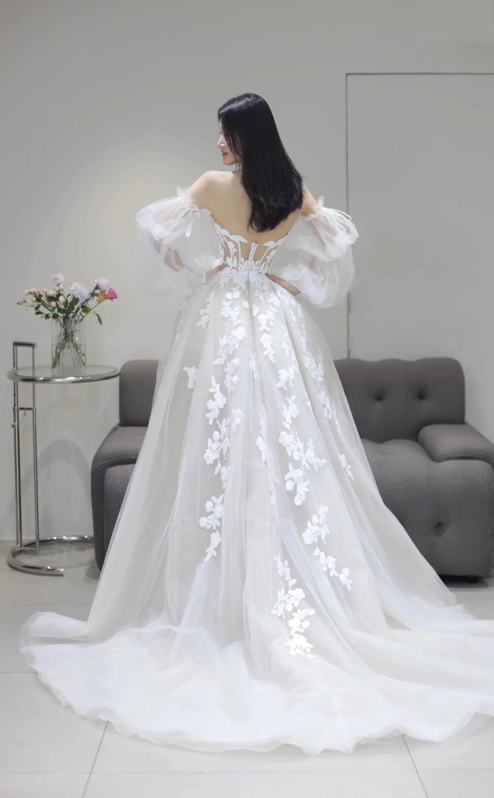 Wedding Dresses 2025 to impress Illusion Floral Lace Tulle Wedding Dress with Puff Sleeves and Slit Skirt – Style RD007-vigocouture-vigocouture