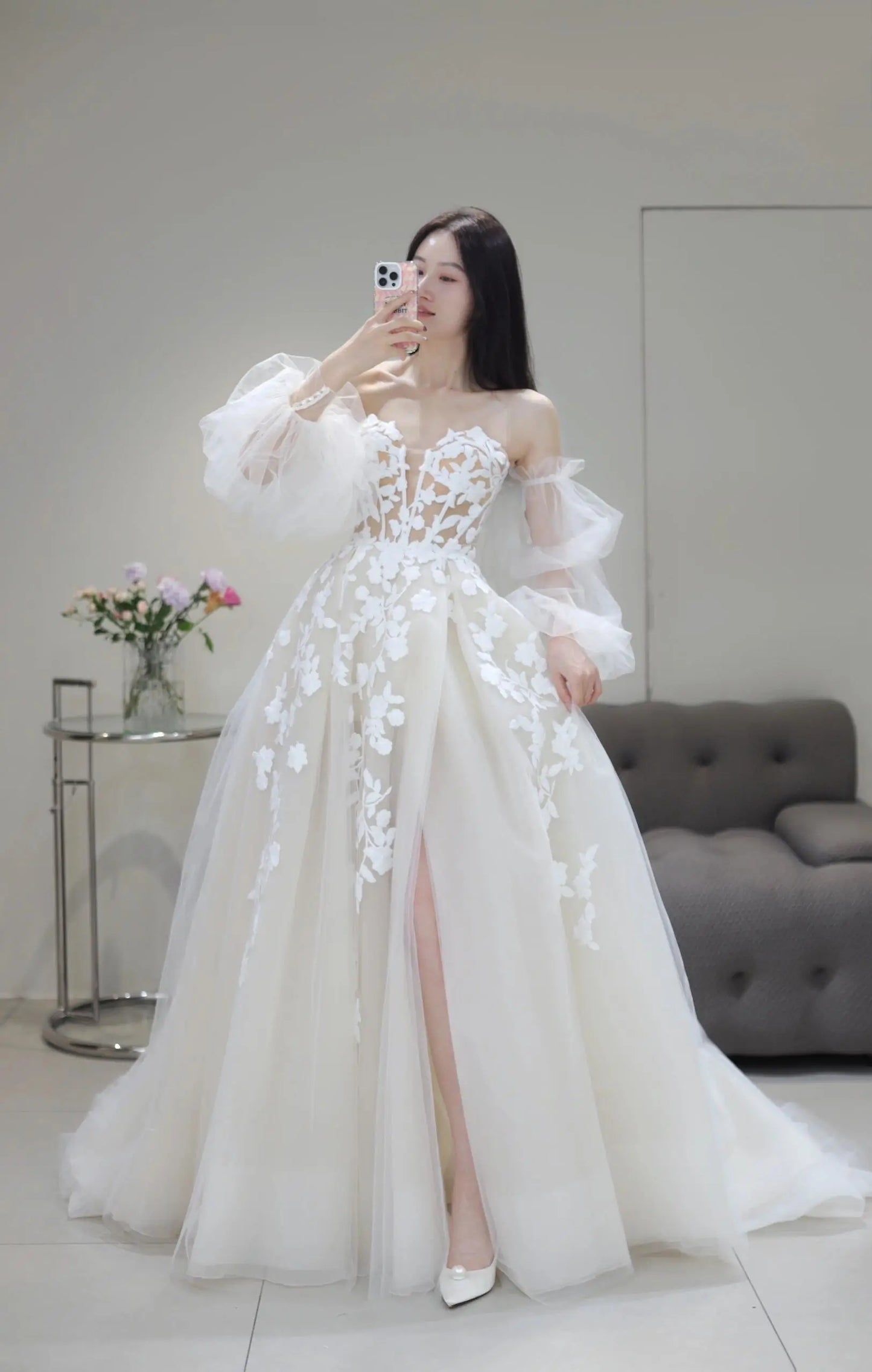 Wedding Dresses 2025 to impress Illusion Floral Lace Tulle Wedding Dress with Puff Sleeves and Slit Skirt – Style RD007-vigocouture-vigocouture
