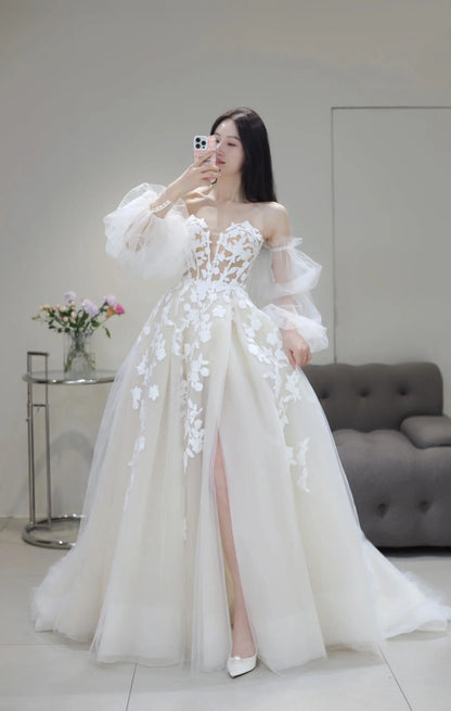 Wedding Dresses 2025 to impress Illusion Floral Lace Tulle Wedding Dress with Puff Sleeves and Slit Skirt – Style RD007-vigocouture-vigocouture