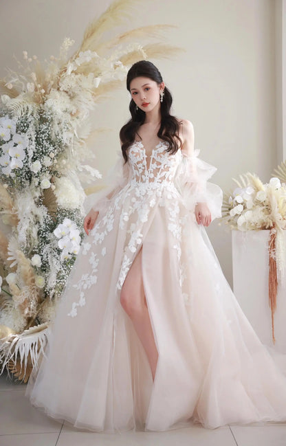 Wedding Dresses 2025 to impress Illusion Floral Lace Tulle Wedding Dress with Puff Sleeves and Slit Skirt – Style RD007-vigocouture-vigocouture