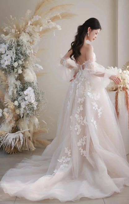 Wedding Dresses 2025 to impress Illusion Floral Lace Tulle Wedding Dress with Puff Sleeves and Slit Skirt – Style RD007-vigocouture-vigocouture