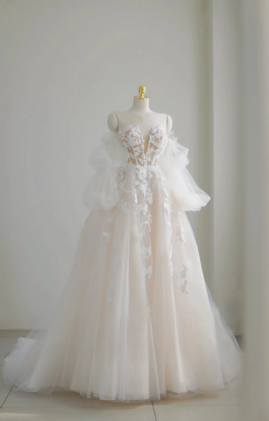 Wedding Dresses 2025 to impress Illusion Floral Lace Tulle Wedding Dress with Puff Sleeves and Slit Skirt – Style RD007-vigocouture-Ivory-Custom Size-vigocouture