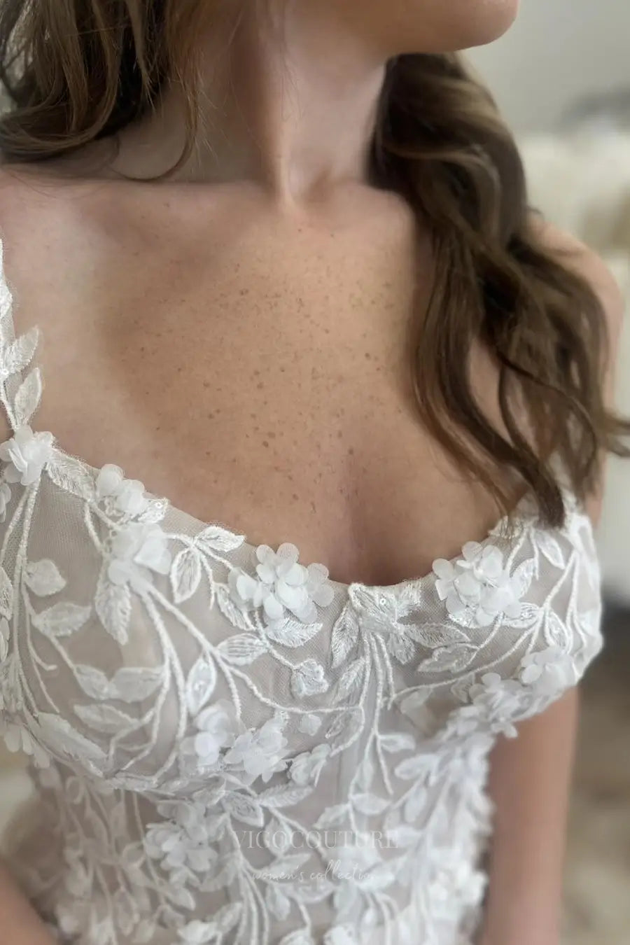 Wedding Dresses 2025 to impress Ivory 3D Floral Appliqué A-Line Wedding Dress with Sheer Bodice, Spaghetti Straps, and Chapel Train – W2242-vigocouture-vigocouture