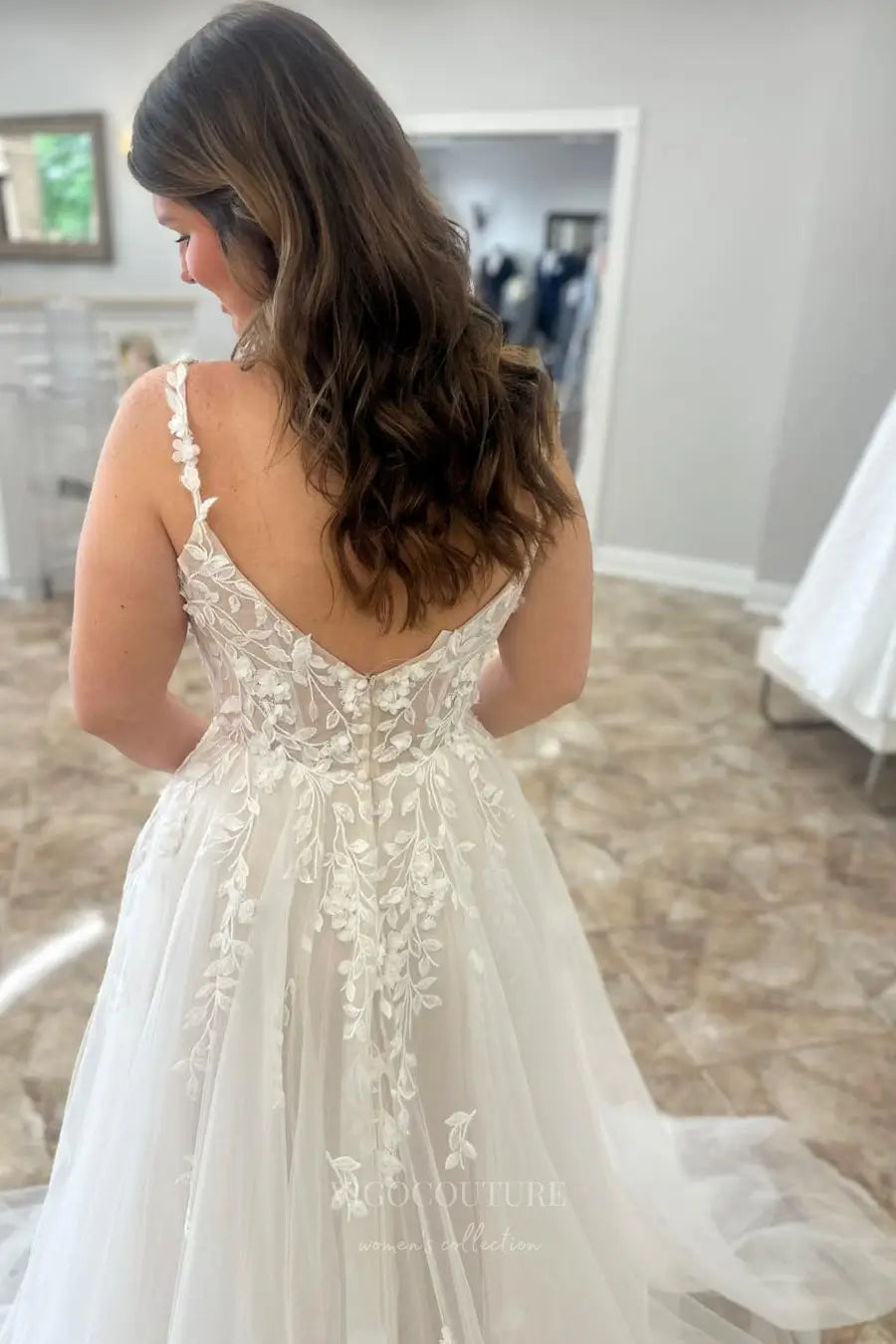 Wedding Dresses 2025 to impress Ivory 3D Floral Appliqué A-Line Wedding Dress with Sheer Bodice, Spaghetti Straps, and Chapel Train – W2242-vigocouture-vigocouture