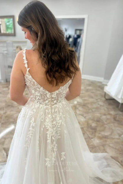 Wedding Dresses 2025 to impress Ivory 3D Floral Appliqué A-Line Wedding Dress with Sheer Bodice, Spaghetti Straps, and Chapel Train – W2242-vigocouture-vigocouture