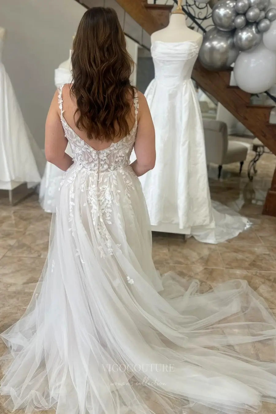 Wedding Dresses 2025 to impress Ivory 3D Floral Appliqué A-Line Wedding Dress with Sheer Bodice, Spaghetti Straps, and Chapel Train – W2242-vigocouture-vigocouture